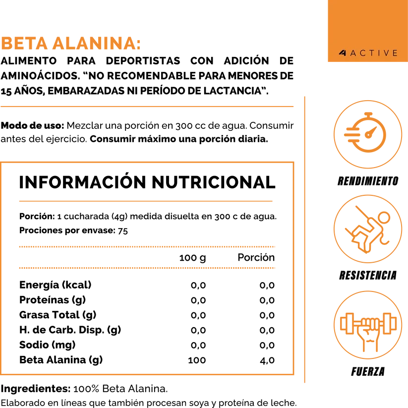 100% BETA ALANINA - 300 grs / 75 servicios, unflavored
