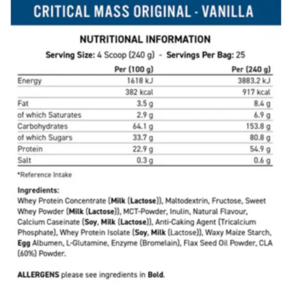 CRITICAL MASS High Calorie Gainer - 6 kg / 25 servicios, sabores