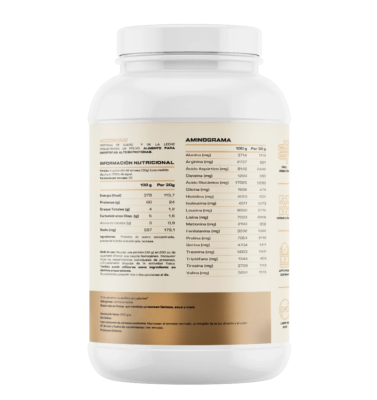 4COOKING Protein (SIN Azúcar) - 900 grs / 30 servicios, natural sin sabor (PARA COCINAR)