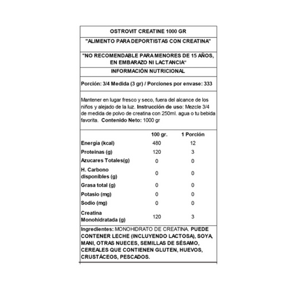 CREATINA Monohydrate – 1.000 grs / 333 servicios, unflavored
