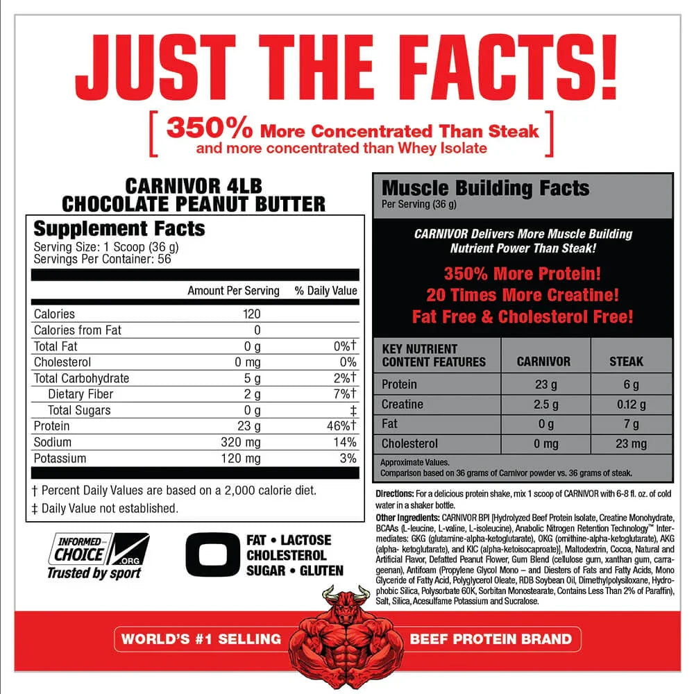 CARNIVOR Beef Protein - 4.2 lbs / 56 servicios, chocolate