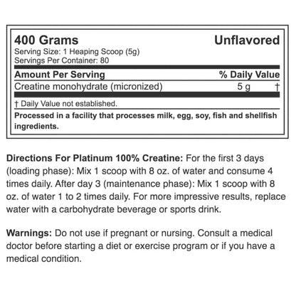 100% Creatina PLATINUM Monohydrate – 400 grs / 80 servicios, unflavored
