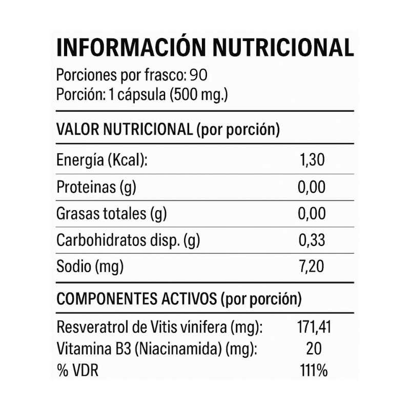 NAD + RESVERATROL 500 mg – 90 caps / 45 servicios