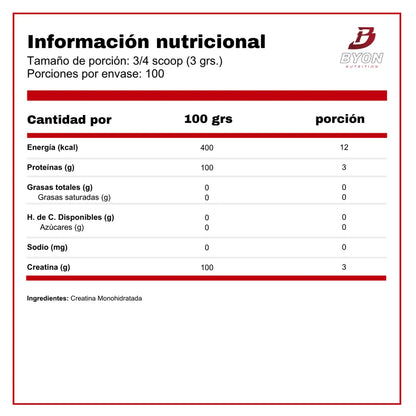CREATINA Monohydrate - 300 grs / 100 servicios, unflavored